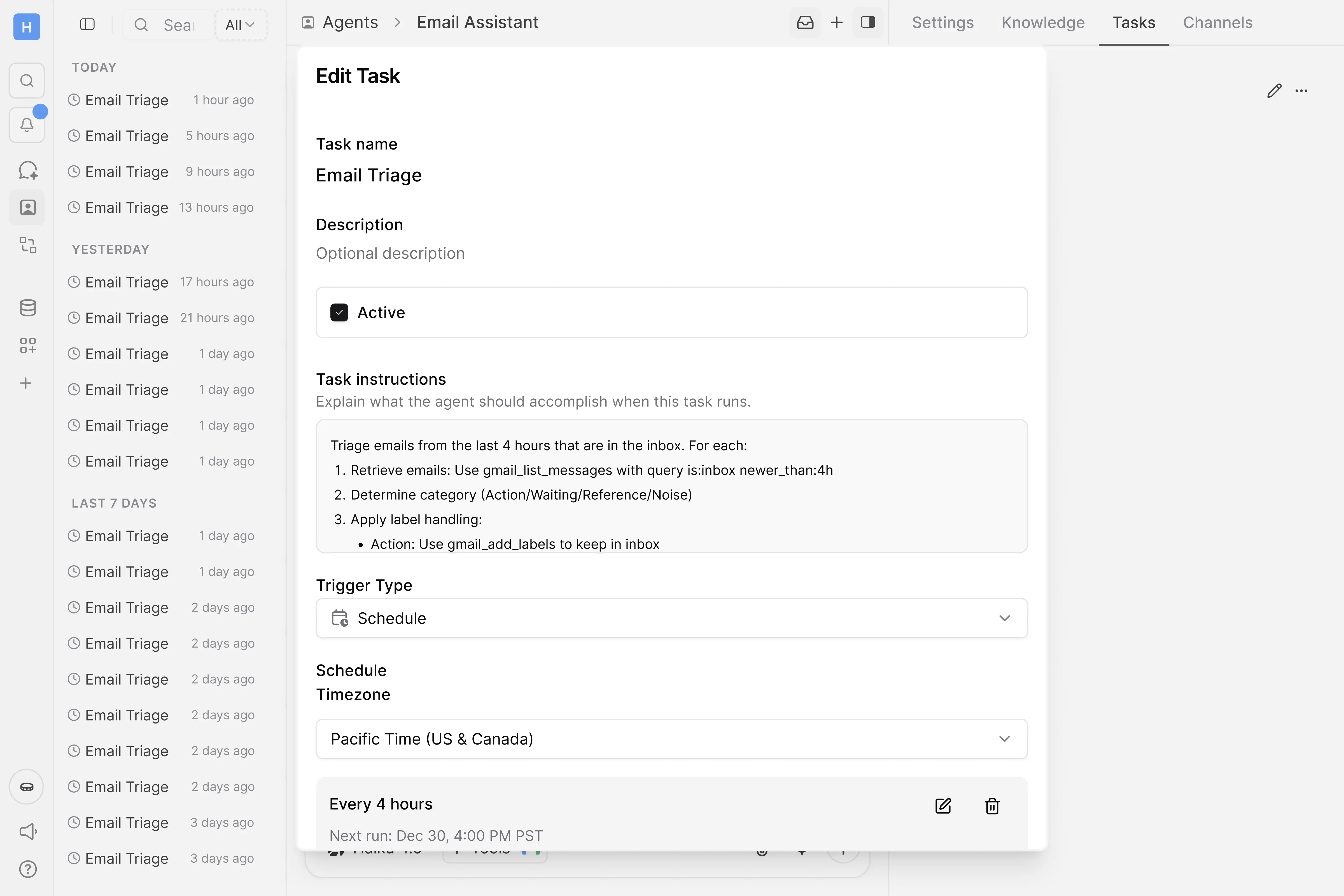 Scheduled AI agent tasks automation interface