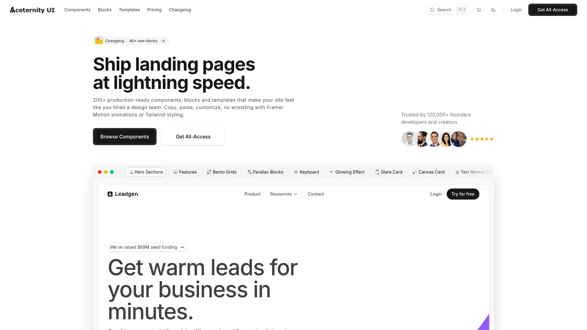 Aceternity UI landing page