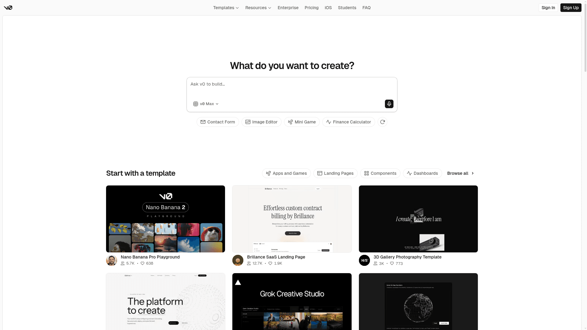 v0 by Vercel landing page