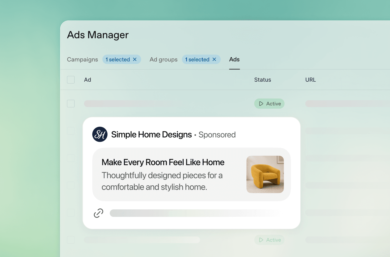 OpenAI Ads Manager interface showing campaign and ad group navigation alongside a preview of a sponsored home decor advertisement rendering inline in ChatGPT conversation context