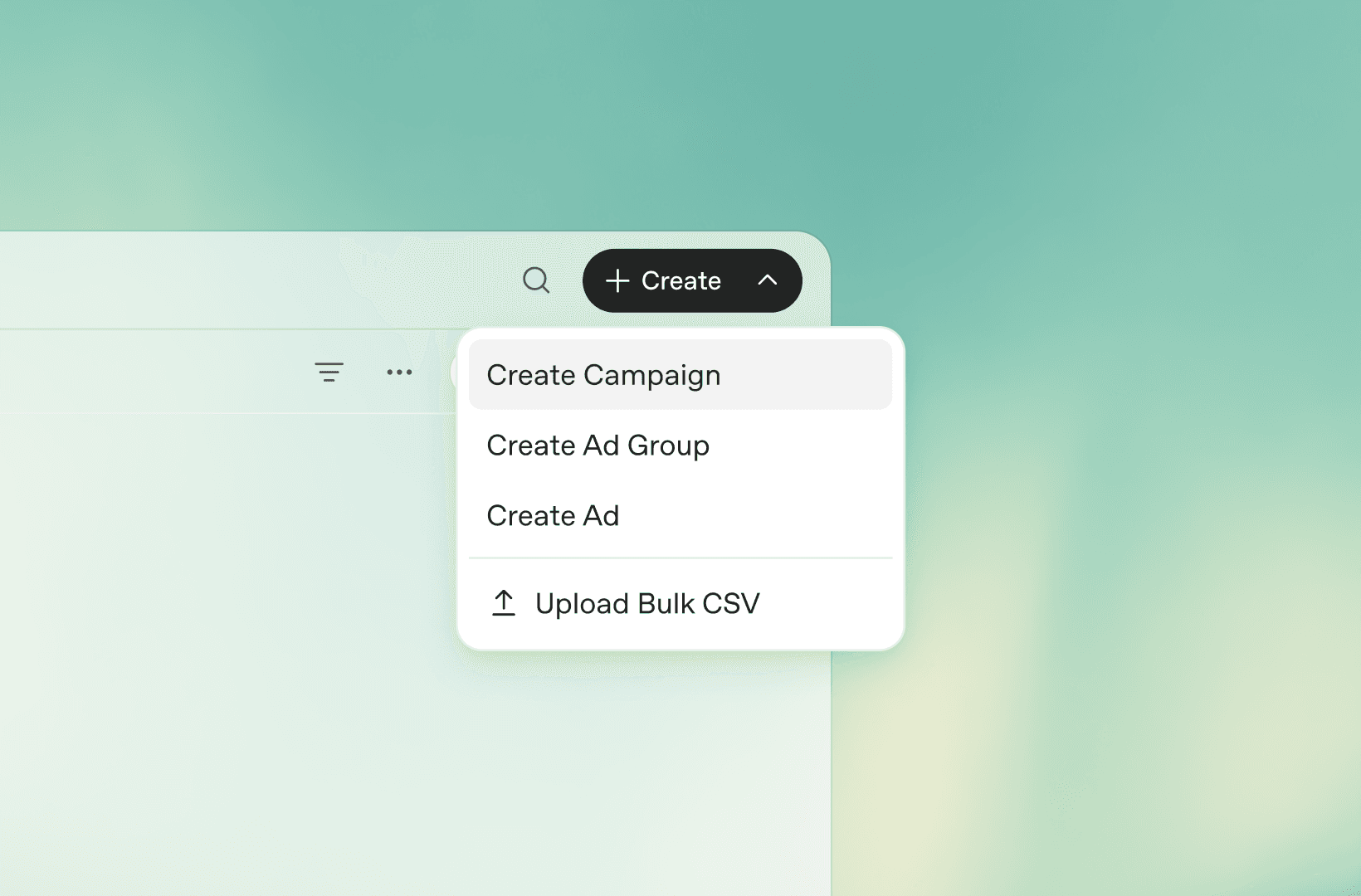 Screenshot of the OpenAI Ads Manager create dropdown menu, showing options for creating campaigns, ad groups, ads, and bulk CSV uploads