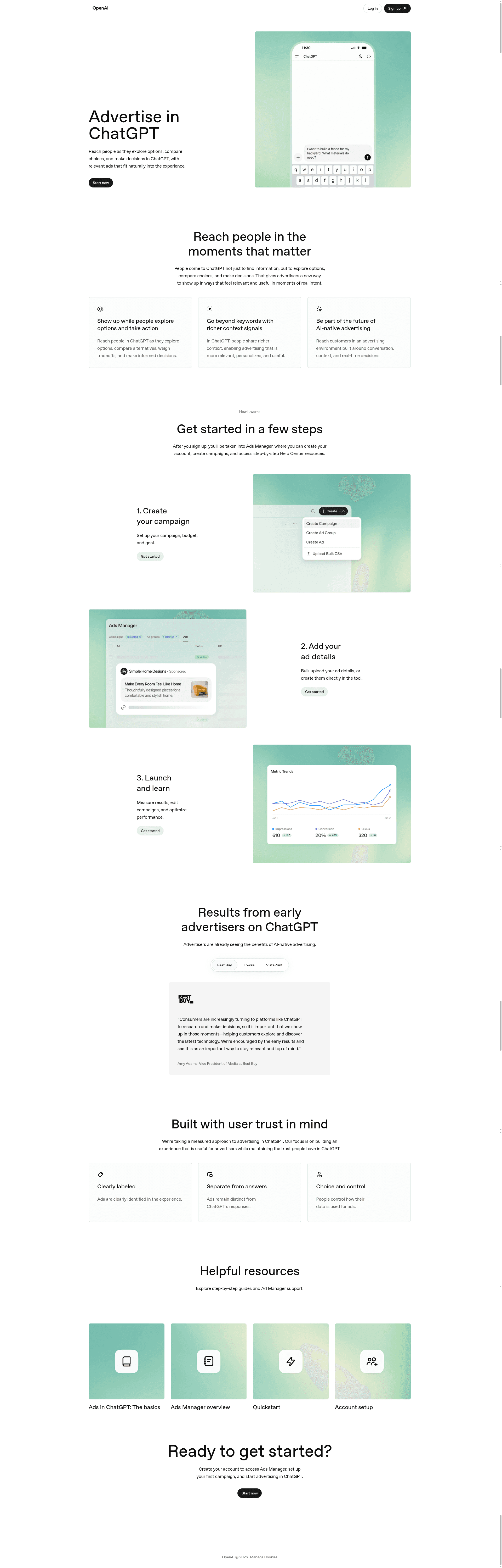 OpenAI Ads Manager landing page at ads.openai.com showing the Advertise in ChatGPT hero, three-step setup flow, advertiser testimonials from Best Buy, Lowe's and VistaPrint, plus the user-trust principles section